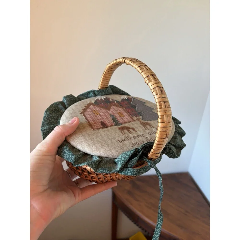 Cabin Wicker Sewing Basket w/ Handle, Fabric Lid 
